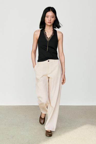 Zara V-neck lace trim camisole top - Black - Image 0