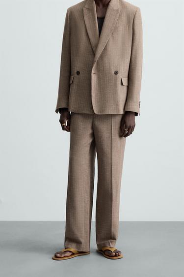 STRIPED TEXTURED SUIT TROUSERS - mink brown by Zara