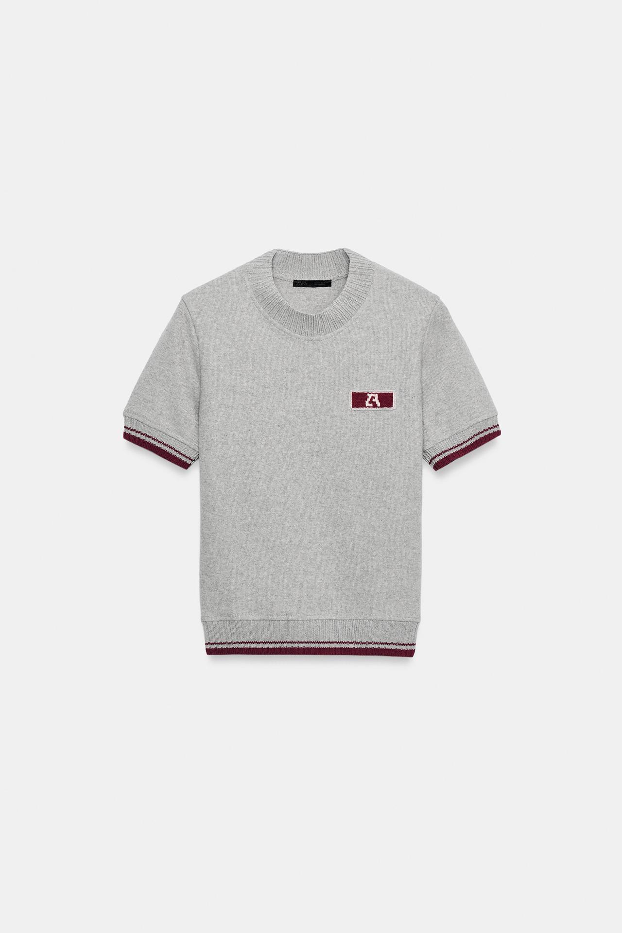 ZA EMBROIDERED CONTRAST T-SHIRT — Gray