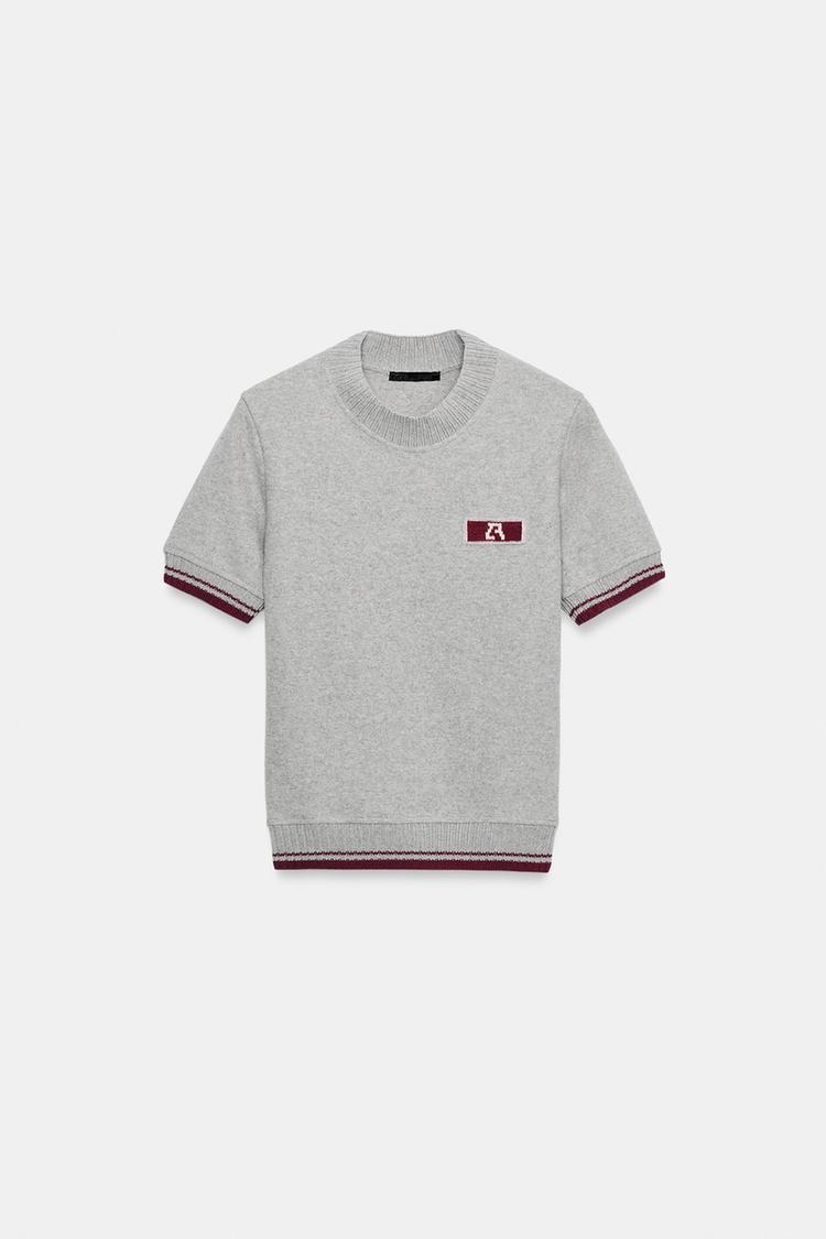ZA EMBROIDERED CONTRAST T-SHIRT — Gray