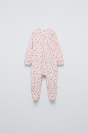 Zara 0-24 MONTHS/ VELOUR FLORAL VELOUR ONE PIECE PAJAMAS - Pink