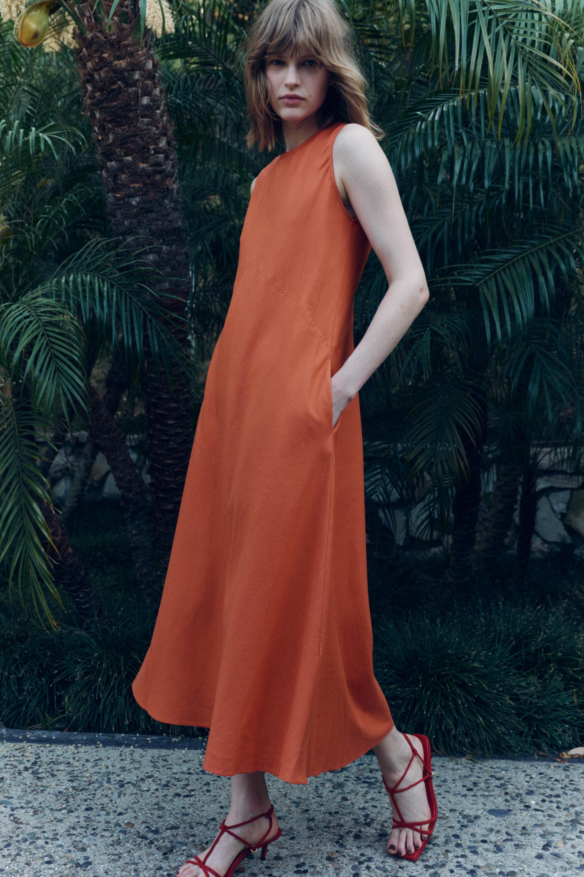 ZW COLLECTION 100% LINEN MIDI DRESS - Orange | ZARA United