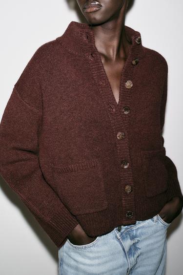 HIGH NECK KNIT CARDIGAN - Brown by Zara - Image 3