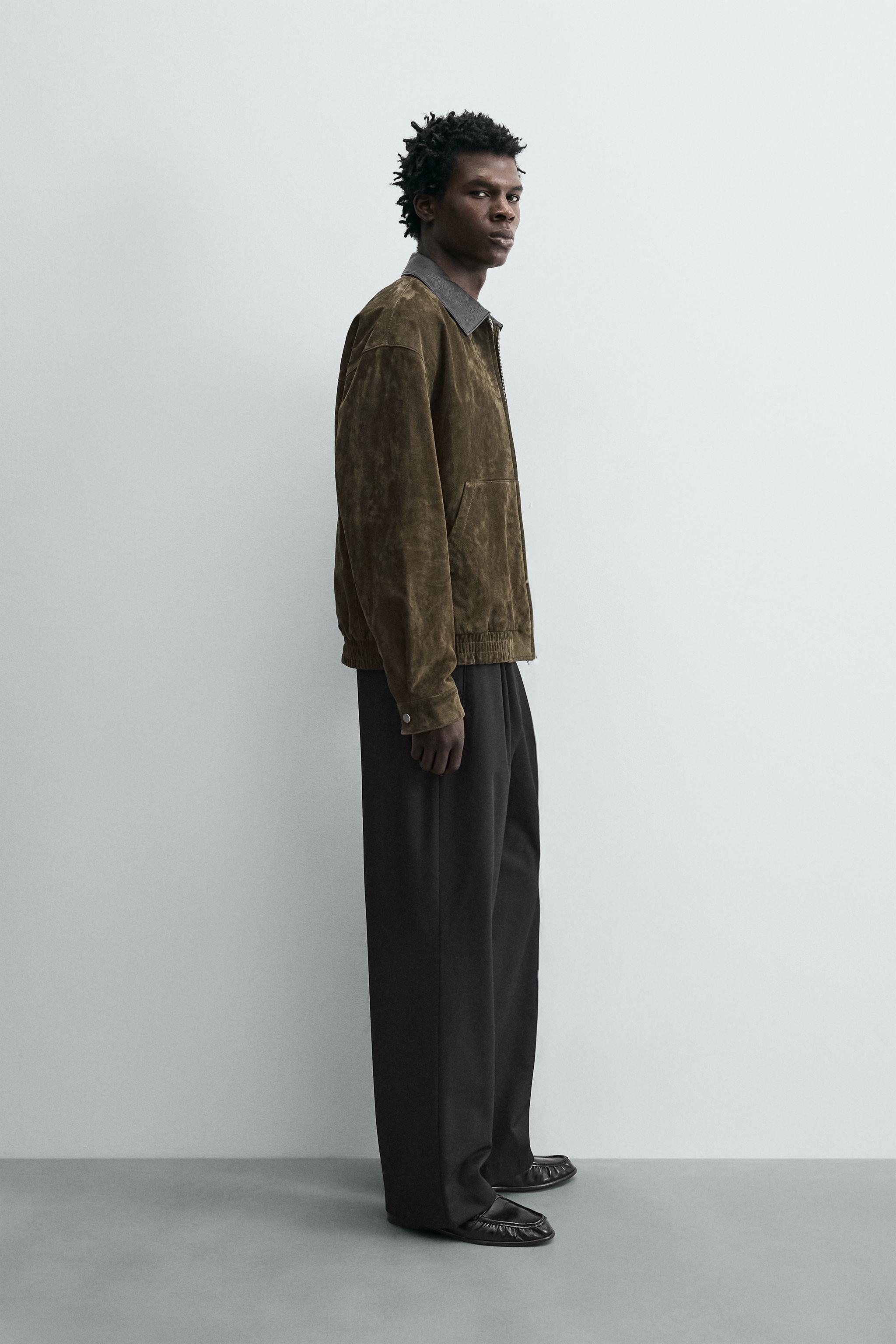 SUEDE LEATHER JACKET WITH CONTRAST COLLAR - Green | ZARA New Zealand