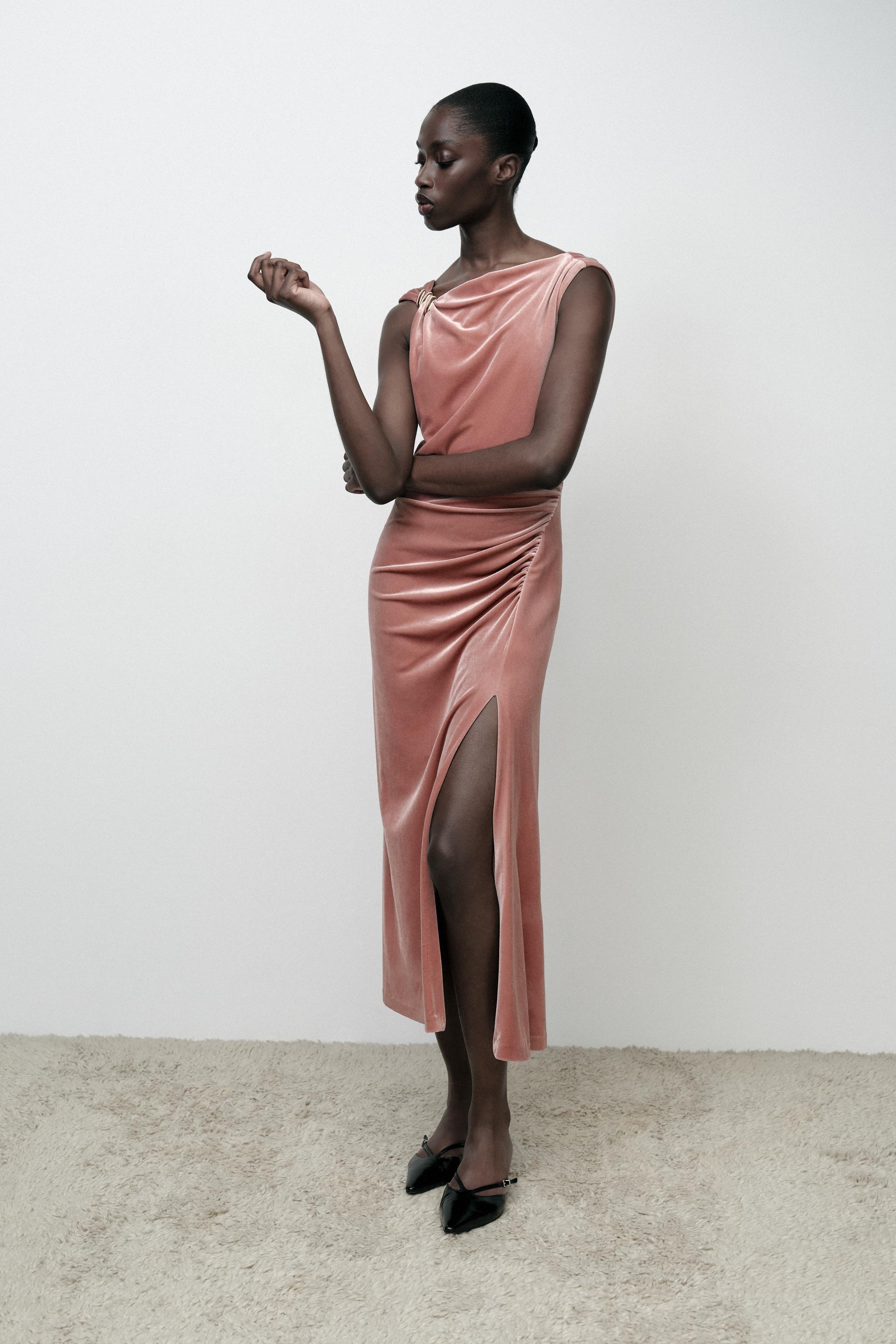 VELVET MIDI DRESS Pale pink ZARA United States