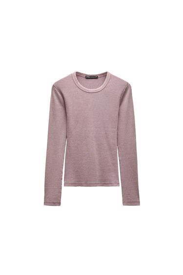 WASHED EFFECT RIBBED LONG SLEEVE T-SHIRT