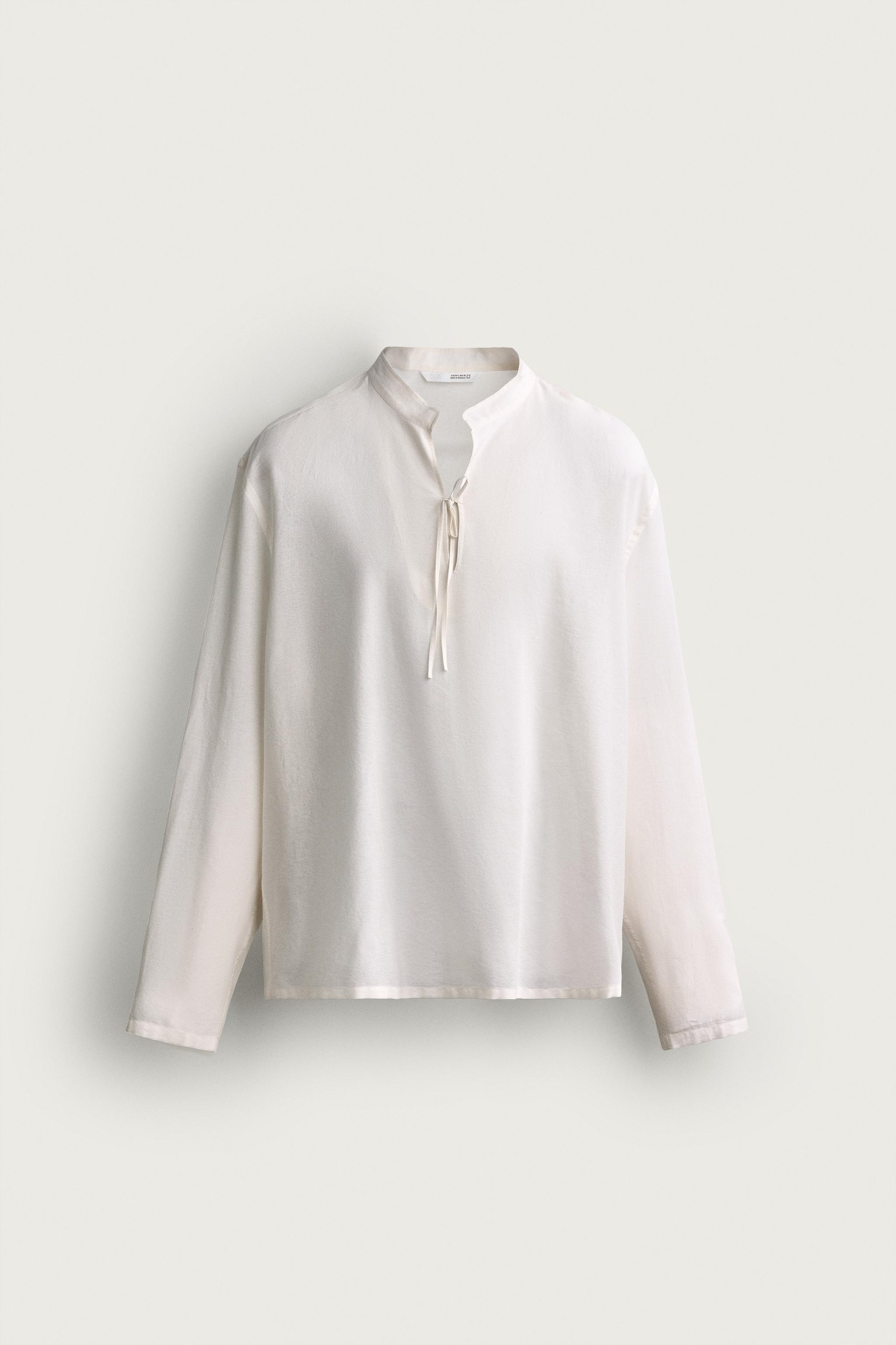 COTTON VISCOSE TIE DETAIL RELAXED FIT SHIRT — Oyster-white
