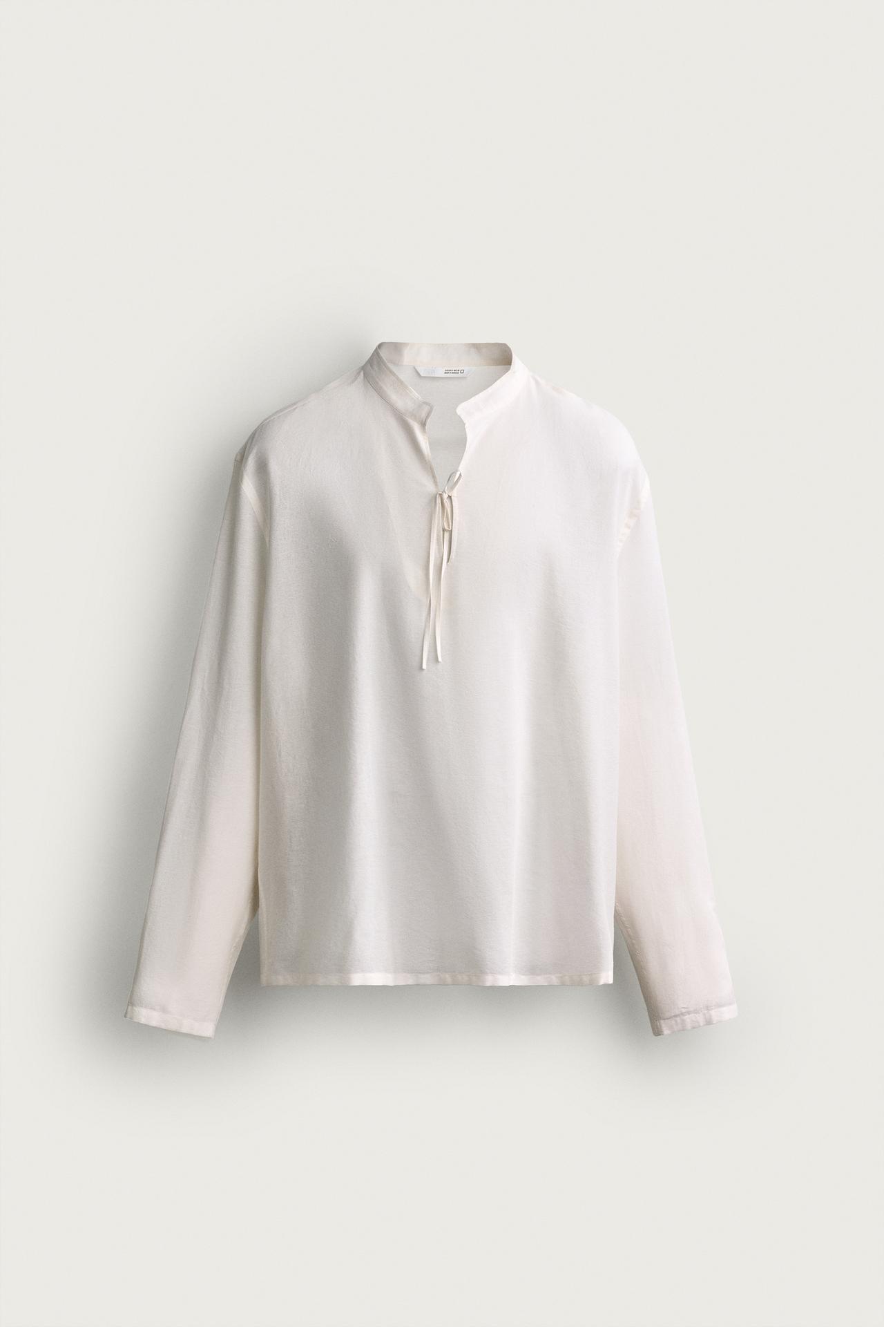 COTTON VISCOSE TIE DETAIL RELAXED FIT SHIRT — Oyster-white