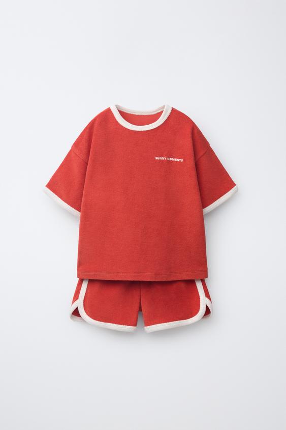 T-SHIRT AND BERMUDA SHORTS WITH TOWELLING TRIM SET - Red by Zara - Image 0