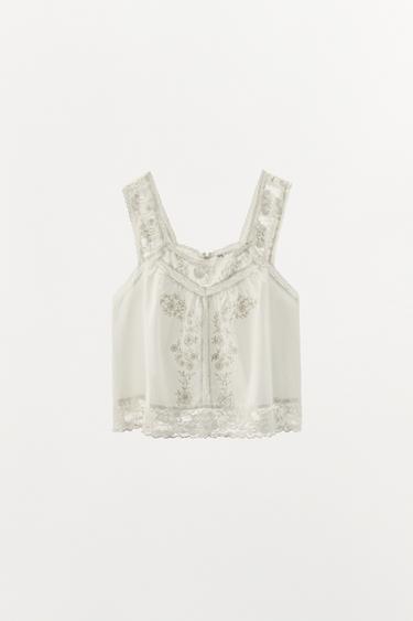 LIMITED EDITION EMBROIDERED LACE STRAPPY TOP - Oyster-white by Zara - Image 2