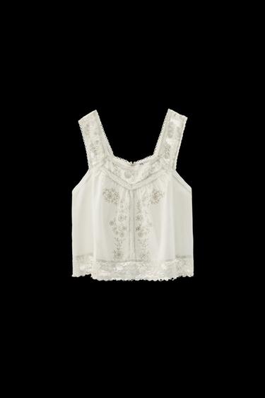 Zara LIMITED EDITION EMBROIDERED LACE STRAPPY TOP - Oyster-white - Image 0