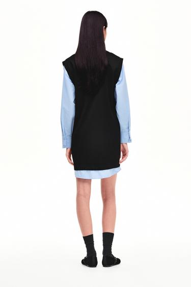 Zara 府綢拼接迷你連身裙 - 藍色