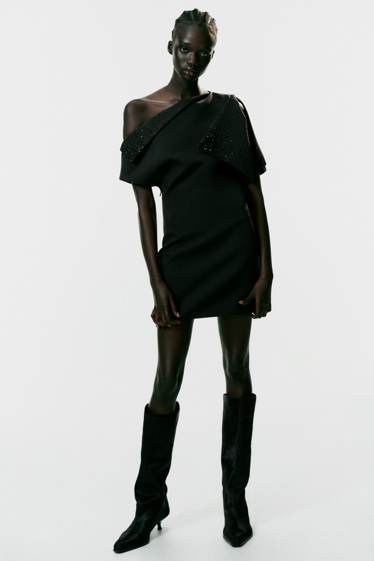 ASYMMETRIC GLITTER MINI DRESS — Black