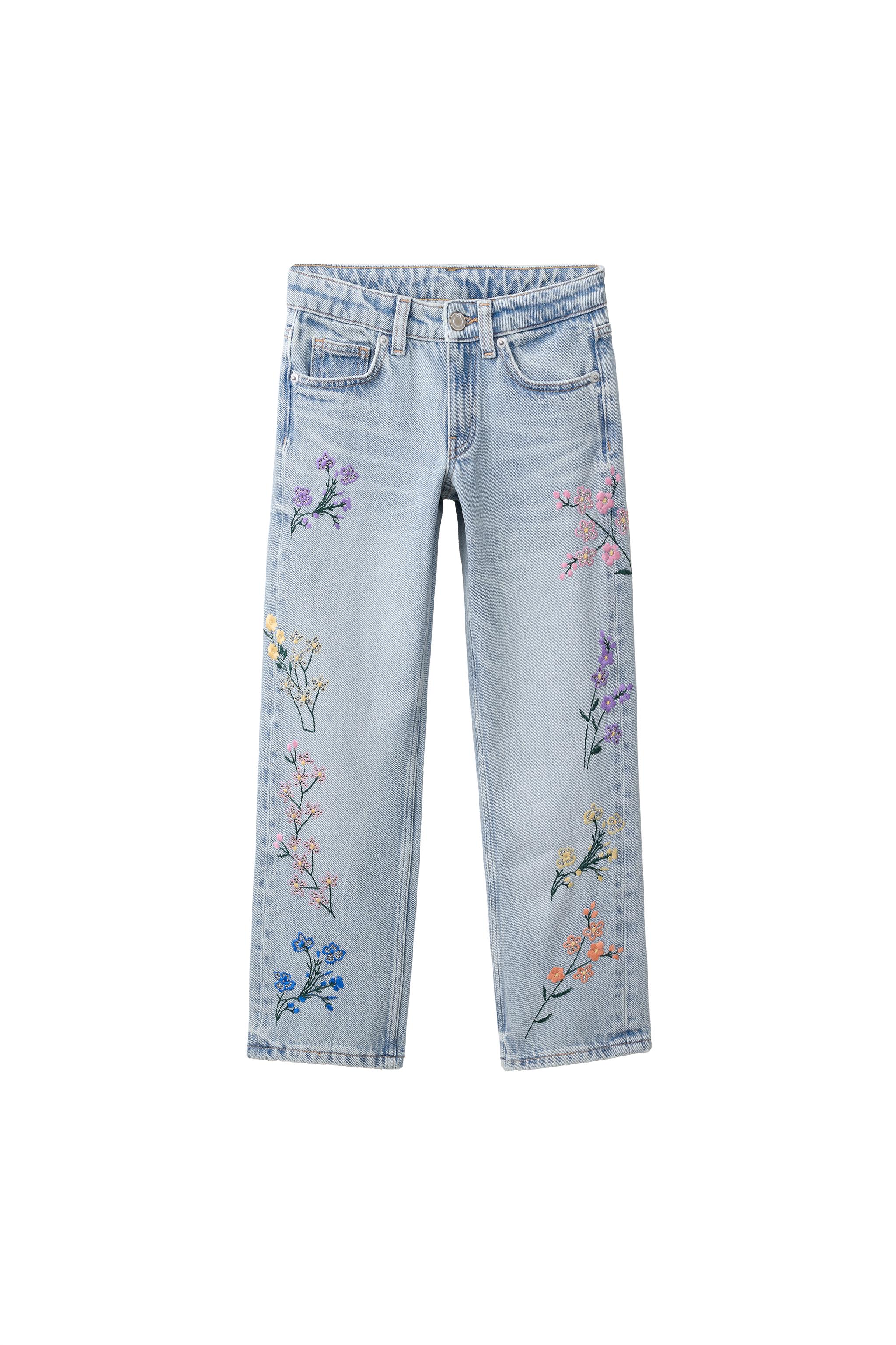 刺繍フラワー ストレートデニムパンツ - ブルー | ZARA Japan / 日本