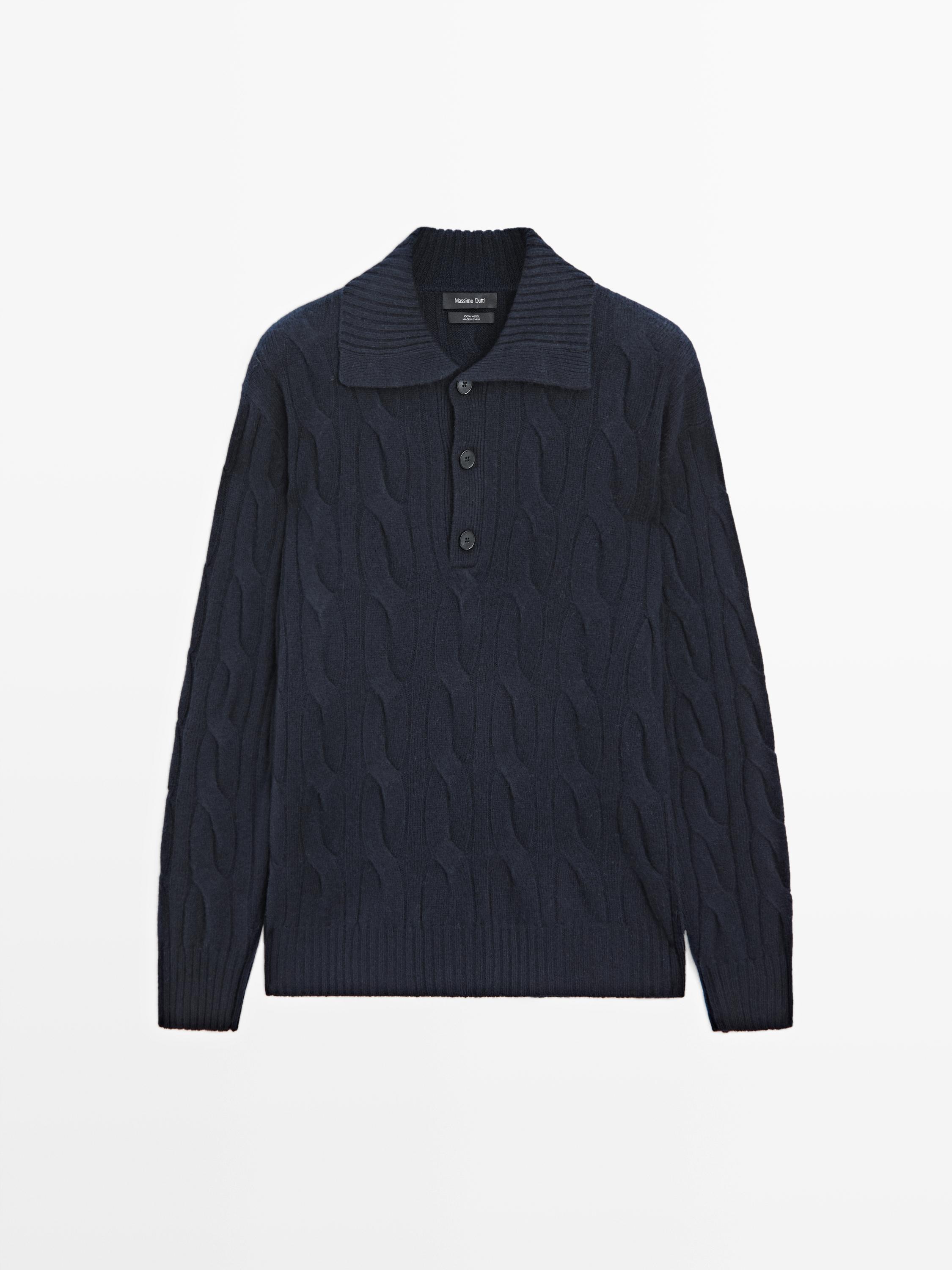 Wool cable-knit polo sweater