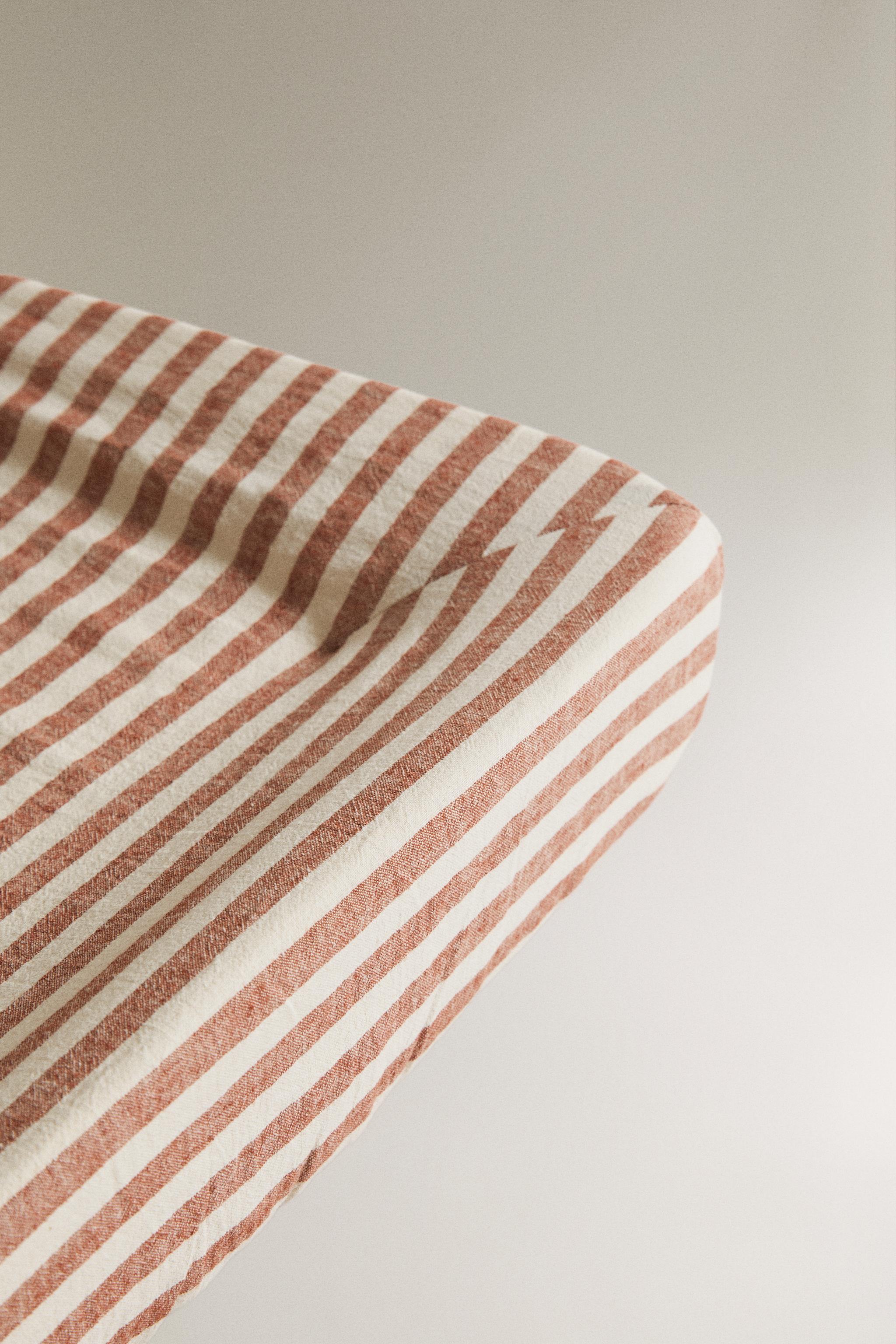 STRIPED LINEN AND COTTON BABY CHANGING MAT COVER — Brick (alternate view)