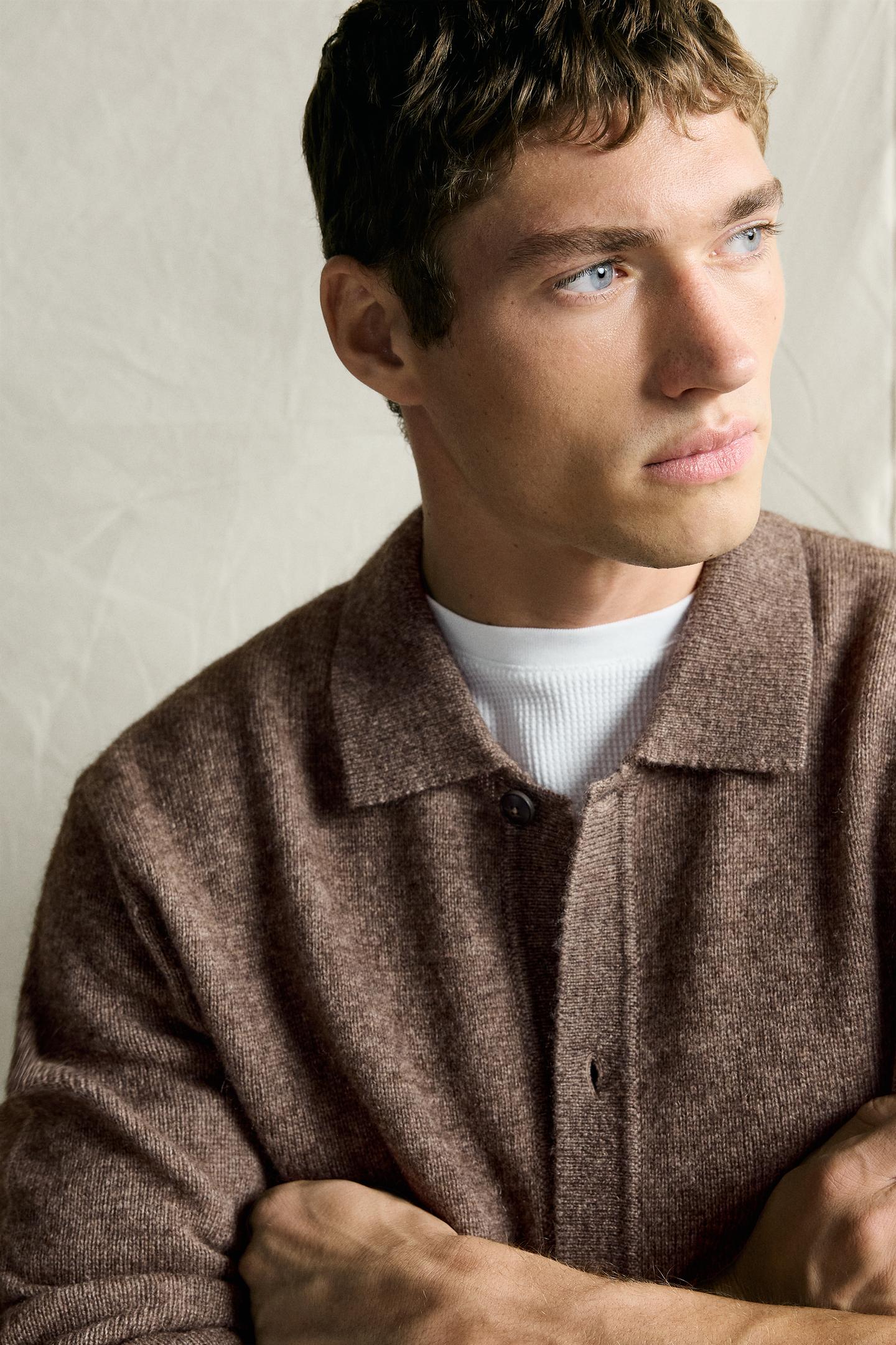 Мужская рубашка Zara Wool and Yak Blend Knit Overshirt, цвет: Коричневый / Серо-коричневый — фото 6