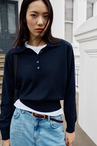 KNIT POLO JUMPER WITH SHOULDER PADS - Blue by Zara