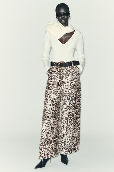 WIDE SATIN TROUSERS WITH BELT - Leopard by Zara
