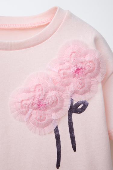 T-SHIRT AVEC APPLICATION EN TULLE - Rose craie de Zara - Image 2