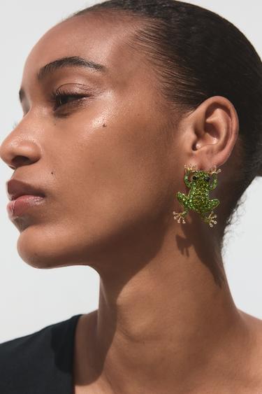 Zara SPARKLY FROG EARRINGS - GREEN - Image 0