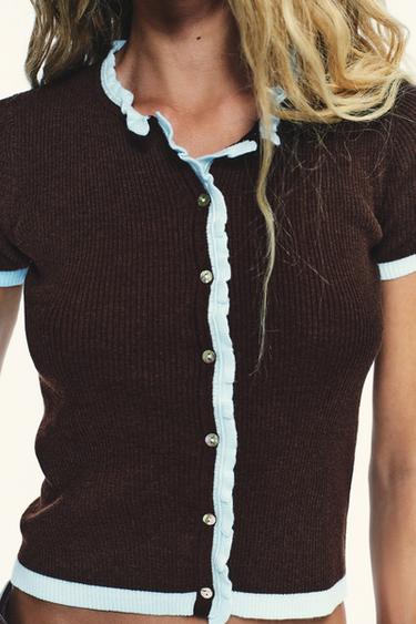SHORT SLEEVE CONTRAST KNIT CARDIGAN - Brown by Zara