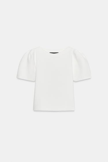 Zara PUFF SLEEVE KNIT TOP - White