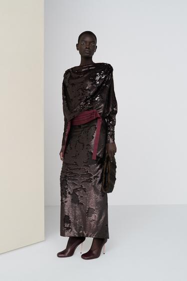 Zara DRAPED SEQUIN MIDI DRESS - Brown
