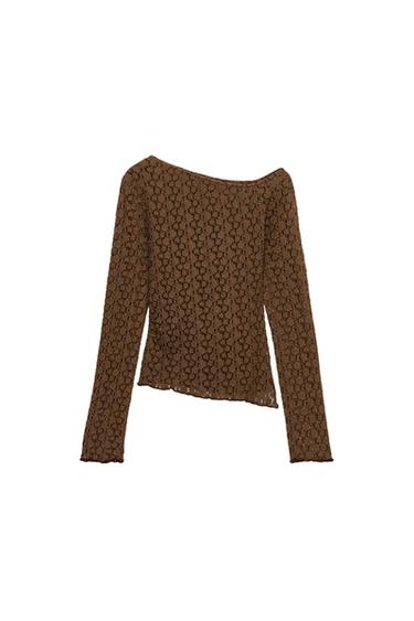 CAMISETA ASIMÉTRICA ENCAJE - Marrón de Zara