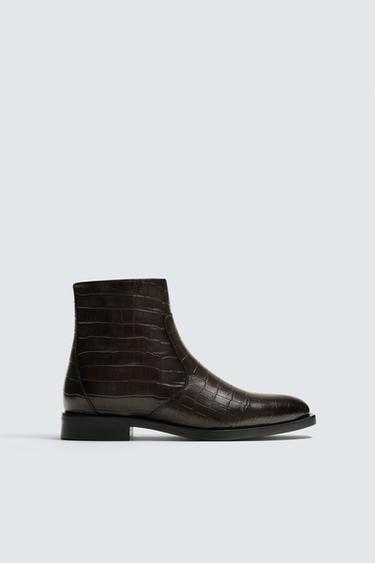 CROCODILE EMBOSSED LEATHER BOOTS - Burgundy Red by Zara