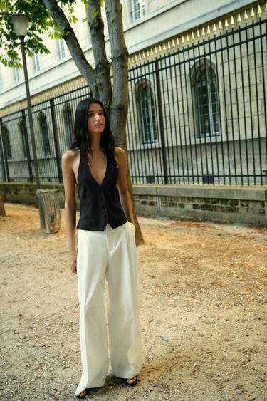 PANTALÓN PLIEGUES TAPETAS - Blanco roto de Zara