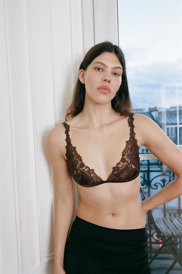 BRALETTE مثلثي ساتان دانتيل - بني الخاص بـ Zara