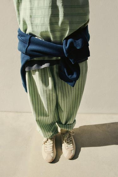 Zara STRIPED RELAXED PANTS - Light green