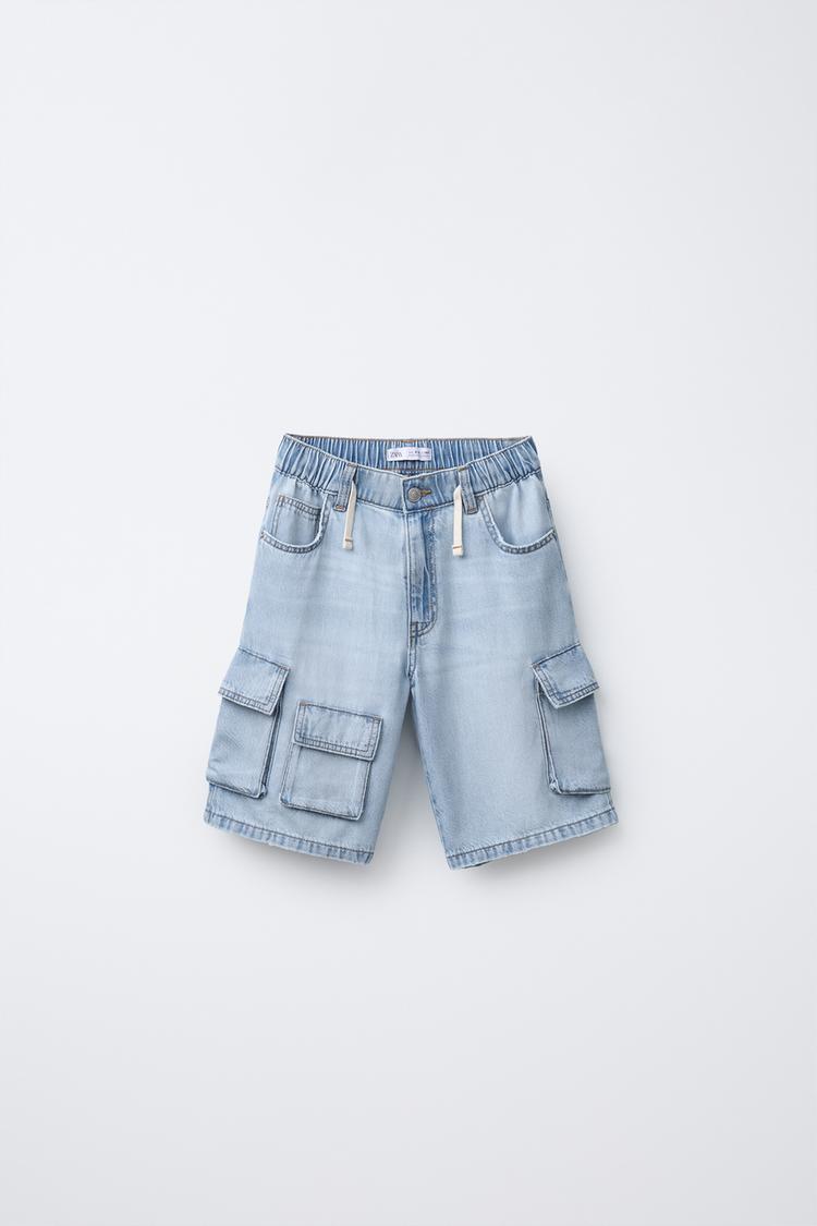 FLOWY LOOSE CARGO DENIM SHORTS Blue ZARA United States