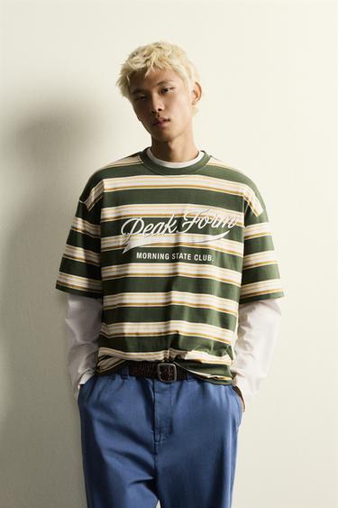 Zara RELAXED FIT STRIPED TEXT T-SHIRT - Green stripe