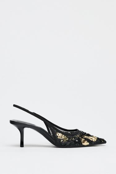 BEADED MESH HIGH-HEEL SLINGBACKS - Black by Zara - Image 0