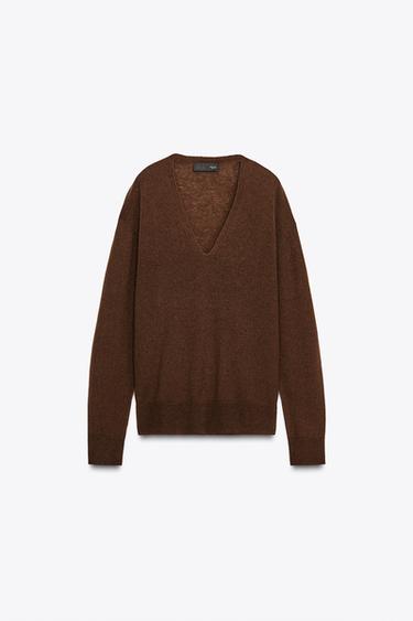 Zara 100% EXTRA-SOFT WOOL V-NECK SWEATER - Brown