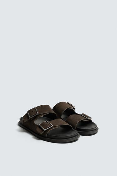 Zara DOUBLE STRAP LEATHER SANDALS - Brown