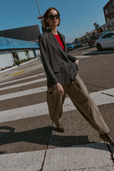 OVERSIZE DOUBLE-BREASTED CHECK BLAZER WITH WOOL - mink brown by Zara