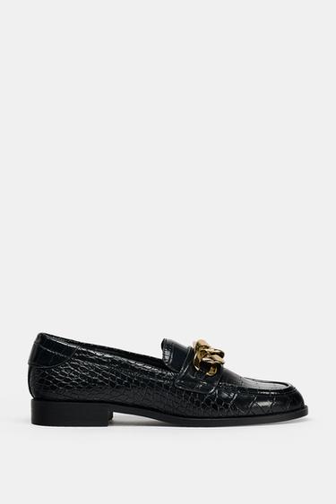 Zara CHAIN EMBOSSED LOAFERS - Black