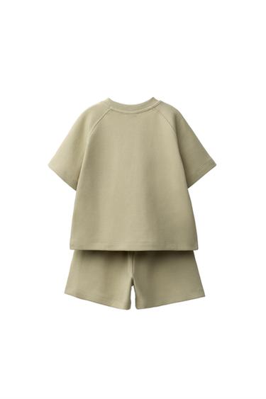Zara INTERLOCK T-SHIRT AND SHORTS JOGGING SET - Light khaki