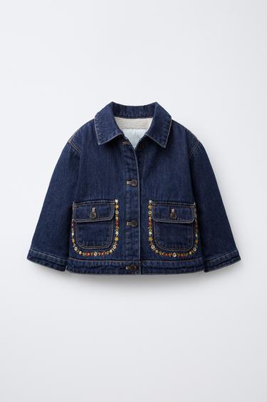 DENIM JACKET WITH FAUX SHEARLING AND EMBROIDERED FLOWERS - Blue by Zara