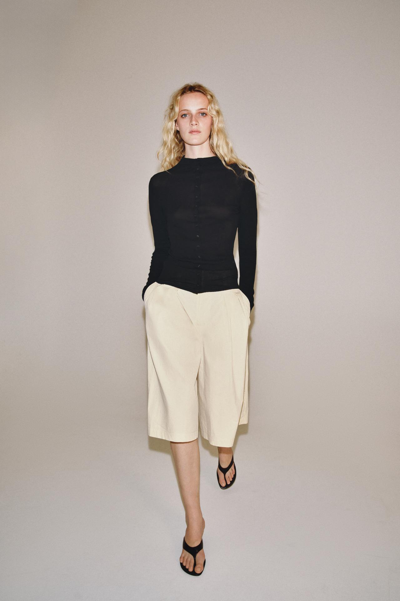 BUTTONED HIGH NECK TOP — Black