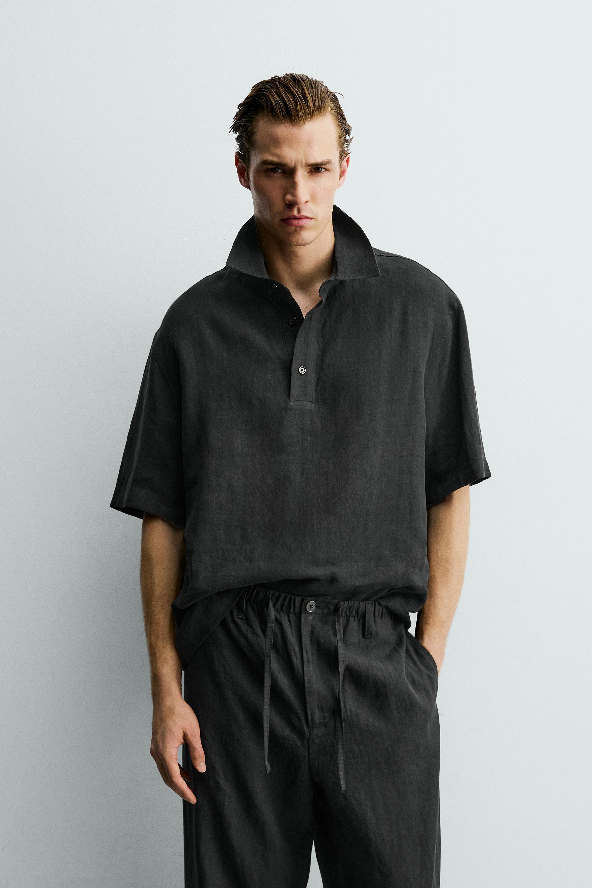 100% LINEN POLO SHIRT — Black