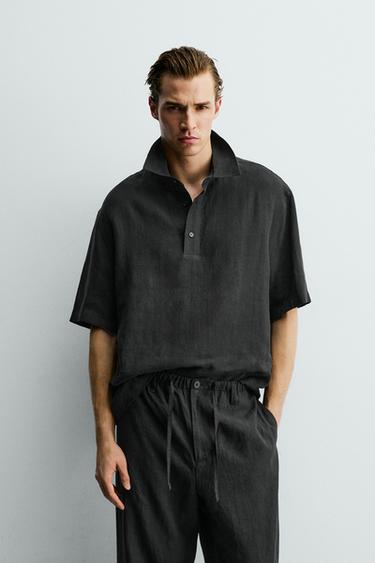 قميص بولو 100% كتان - أسود الخاص بـ Zara