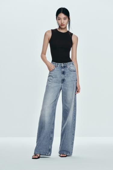 Zara TRF 系列超寬管高腰牛仔褲 - 淡藍色