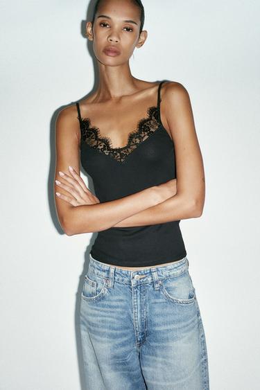 RIBBED LACE-TRIM VEST TOP - Black by Zara