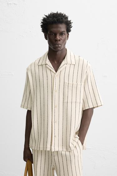 TOWELLING TEXTURED STRIPE SHIRT - Ecru / Navy by Zara