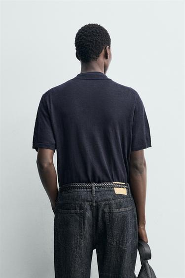 100% LINEN KNIT POLO SHIRT - Navy blue by Zara - Image 2