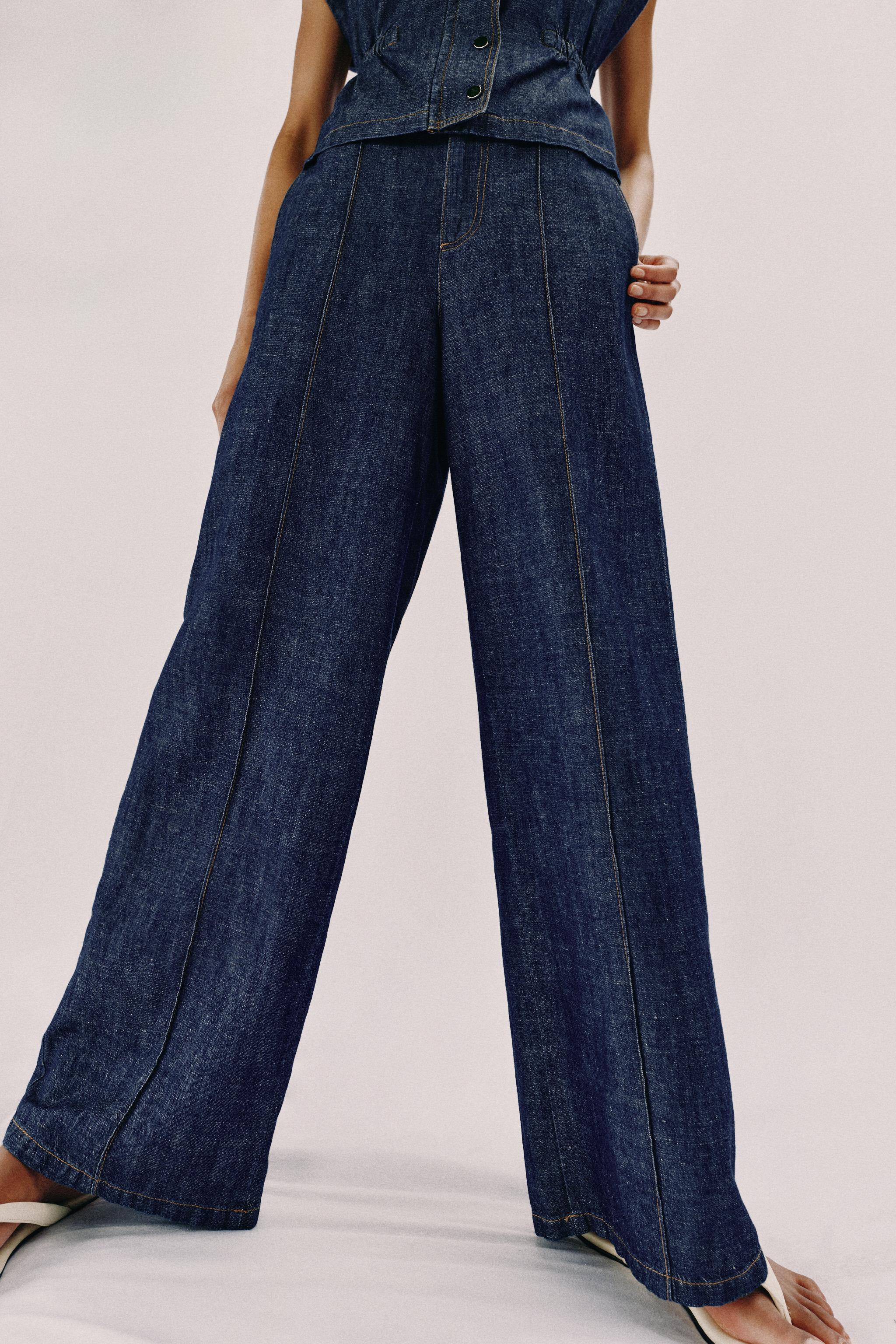LINEN BLEND STRAIGHT LEG PANTS — Indigo